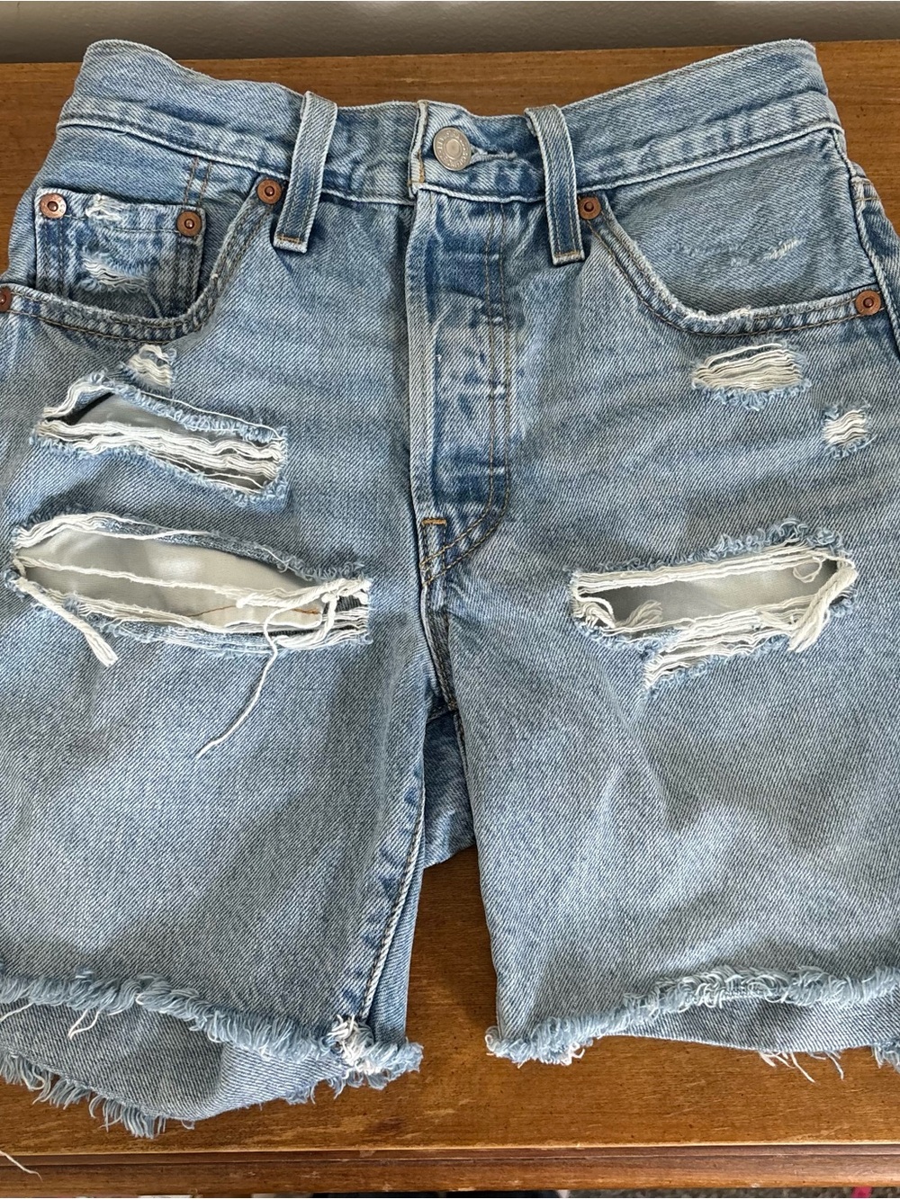 Levi's 501 Light Blue Distressed Denim Jean Shorts